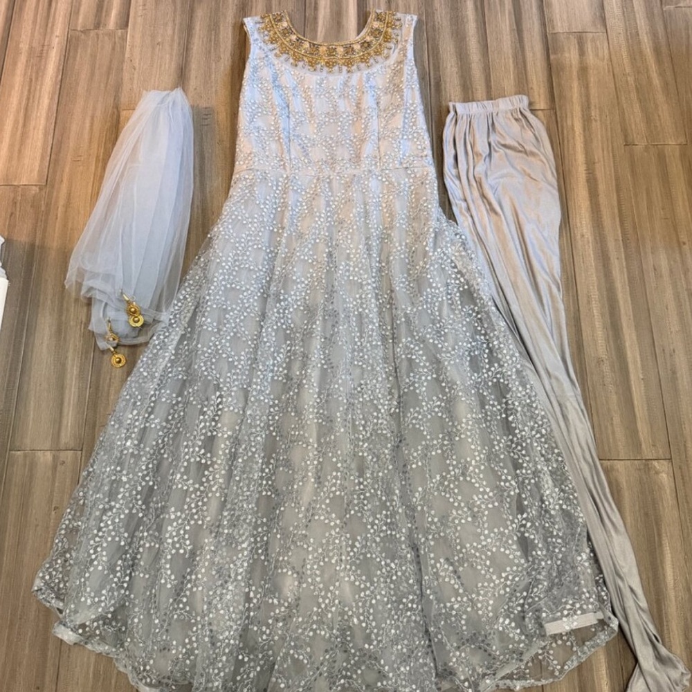 Silver Embellished Anarkali Dress with Matching Pants + Dupatta Size: M
